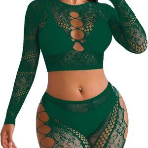 Fishnet Lingerie Sets for Women Sexy Two Piece Rave Outfits Mesh Bodysuit Clubwe